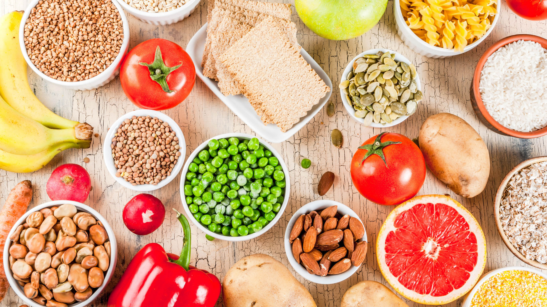 different complex carbs spread out on table