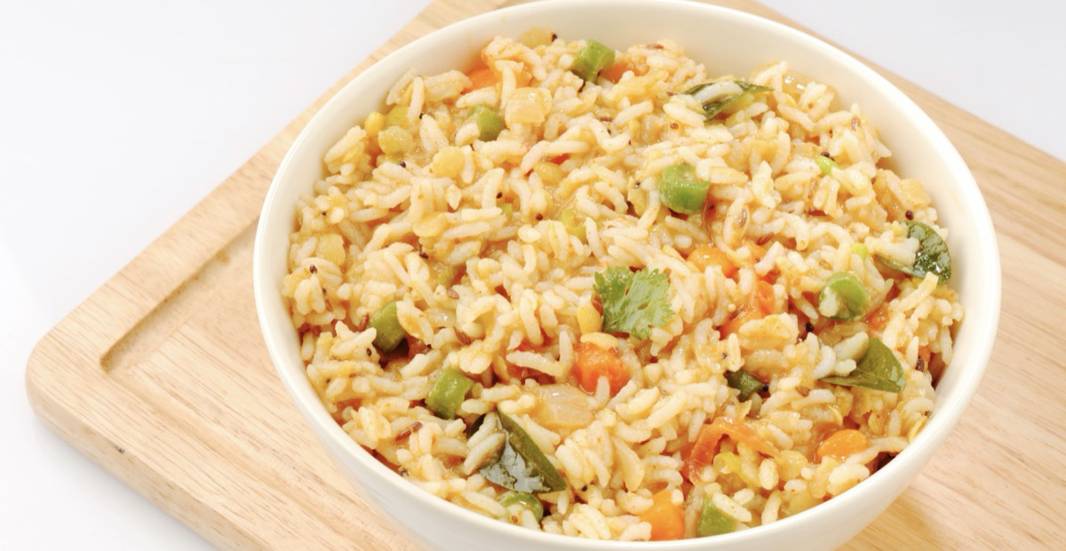 Rice and vegetables in a bowl.